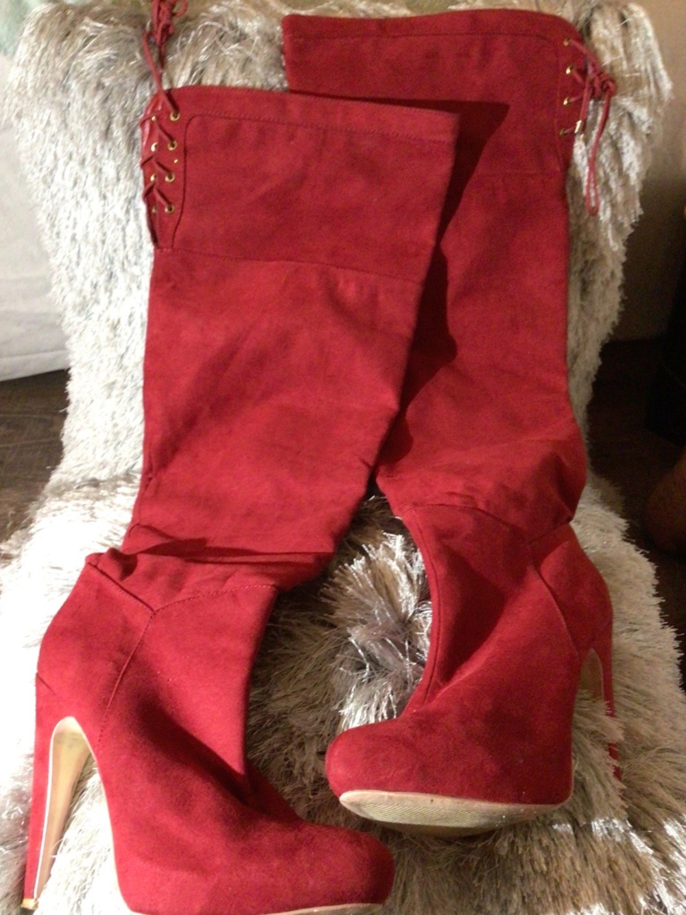 Candy Apple Red suede gold tip lace tie thigh high heeled boot